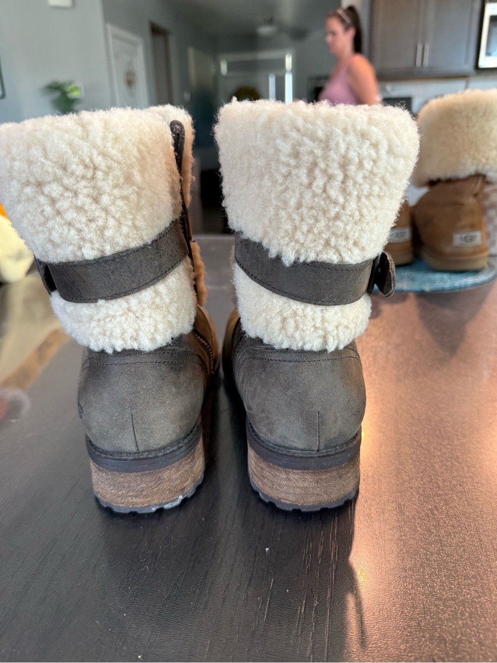 UGG Brown Suede Shearling Cuff Ankle Boots with Buckle - Picture 3 of 5